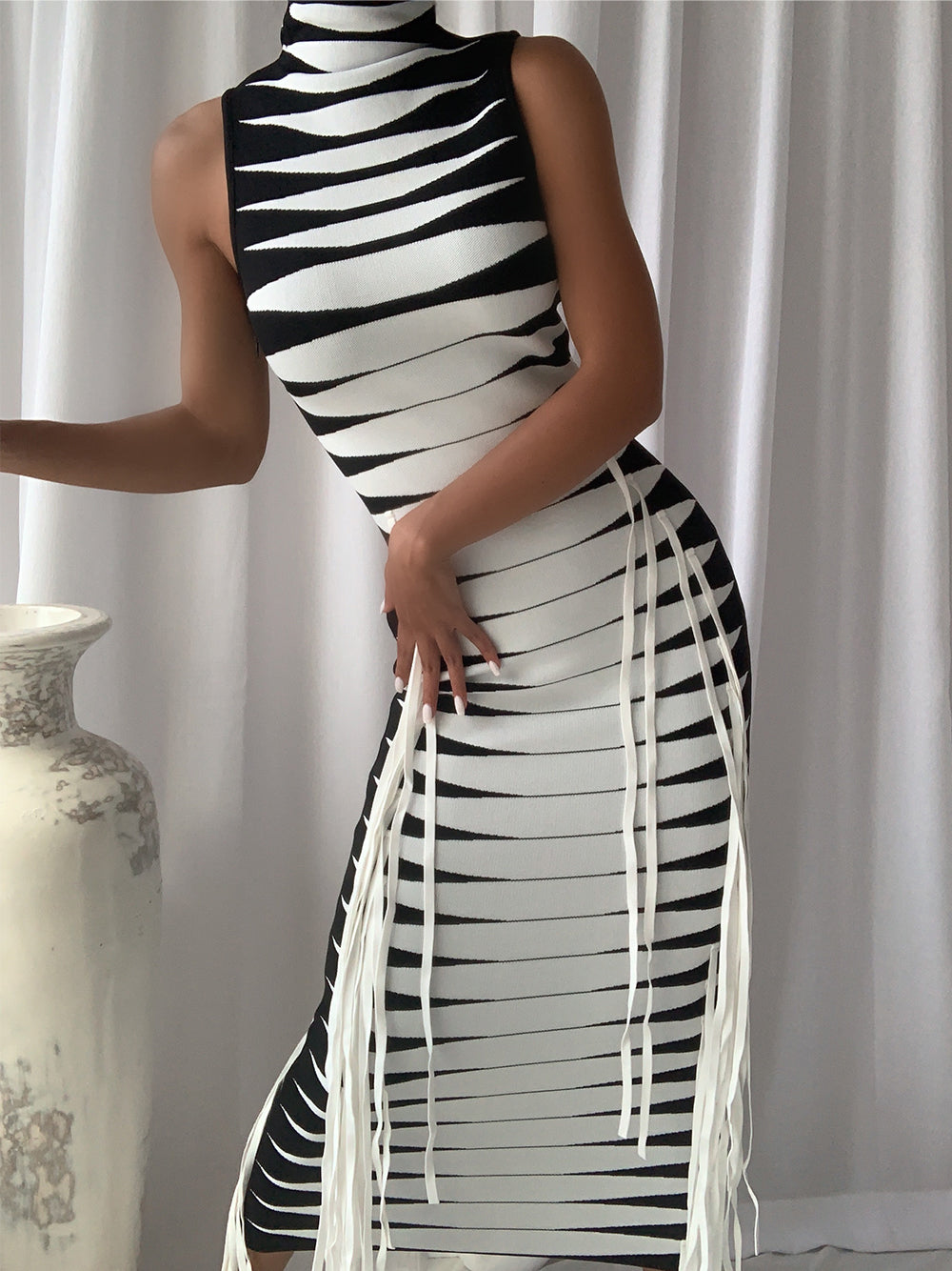 Striped Knit High Neck Sleeveless Fringe Maxi Dress 5