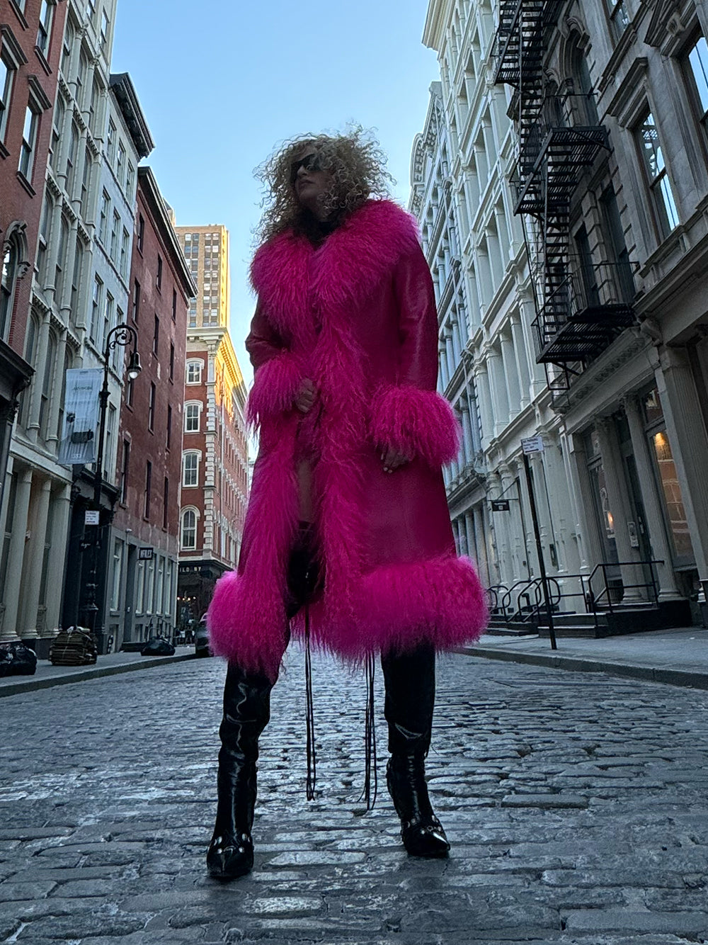 TAJE Shearling Trim Leather Coat in Fuchsia 15