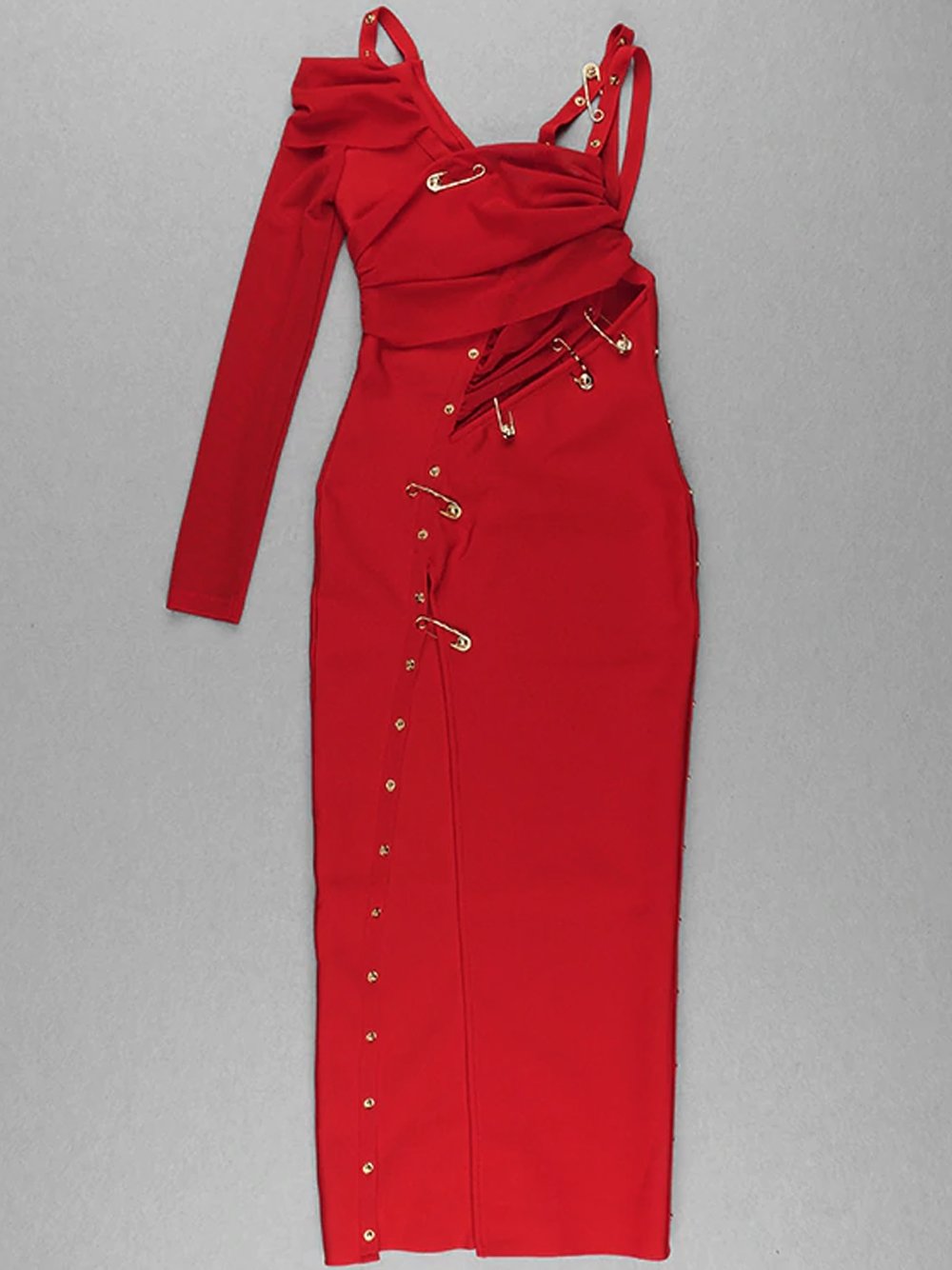 Safety Pin Asymmetric Ruched High-Slit Bodycon Maxi Dress 11
