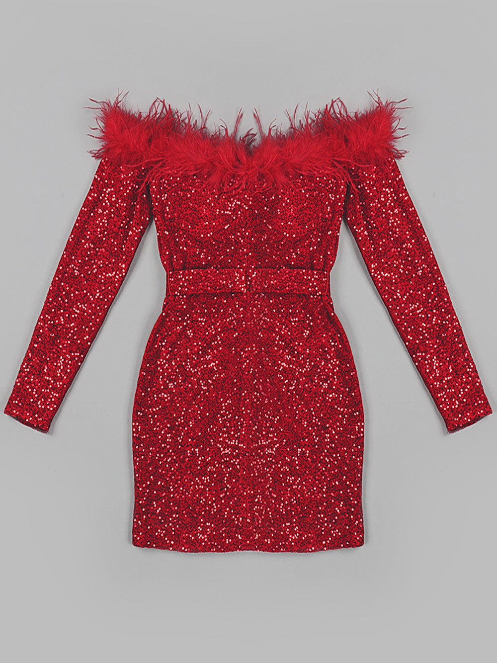 Sequin Off-Shoulder Feather Trim Long Sleeve Mini Dress 6
