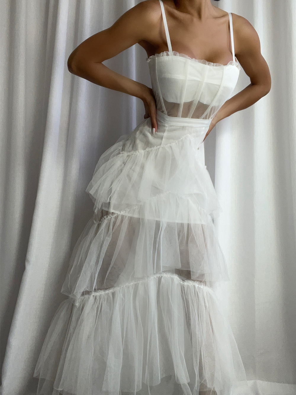 Tulle Corset Bodice Spaghetti Strap Tiered Ruffle Maxi Gown - View 5