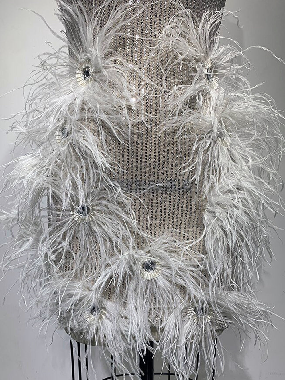 Spaghetti Strap Deep V-Neck Sequin Feather Burst Mini Dress - View 10