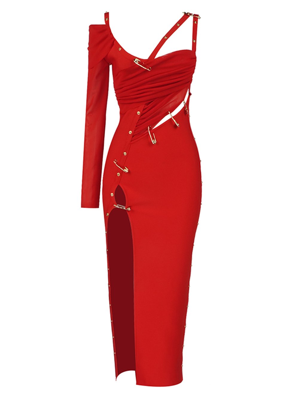 Safety Pin Asymmetric Ruched High-Slit Bodycon Maxi Dress 4