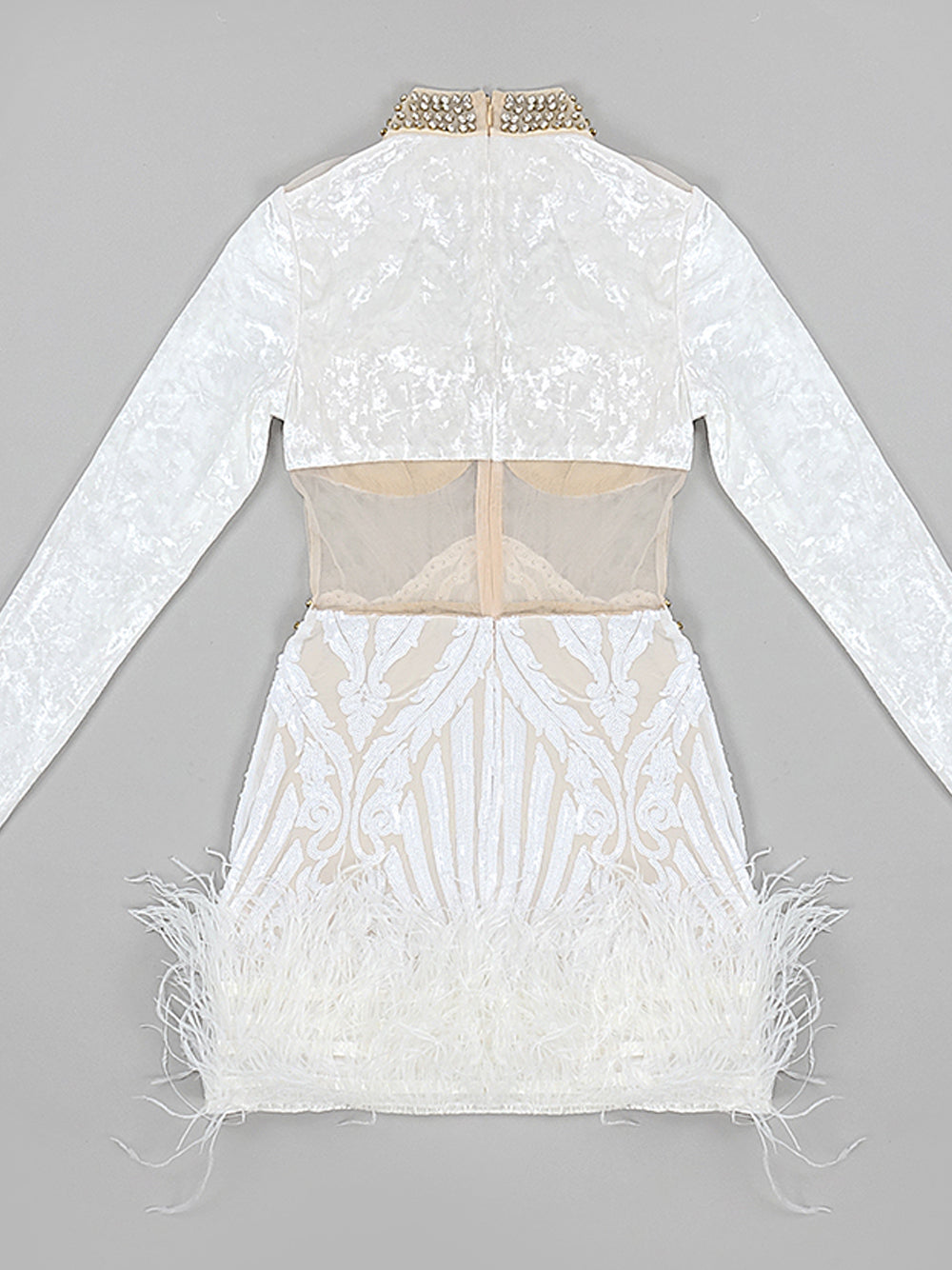 Crystal Embellished Feather-Hem Long-Sleeve Mini Dress 6