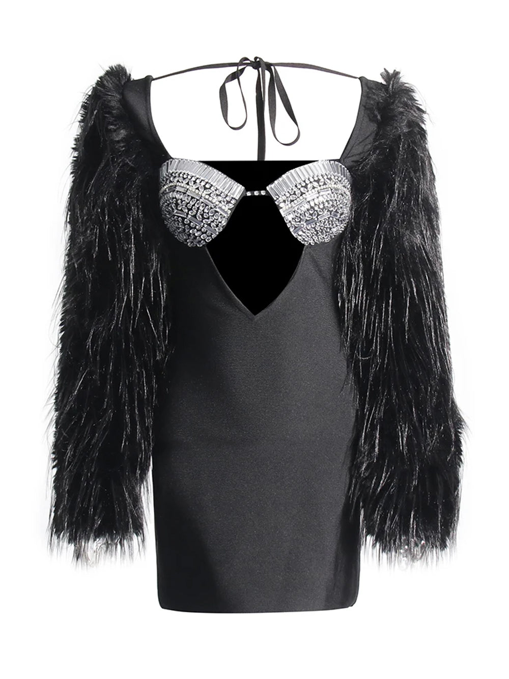 Faux Fur Sleeve Crystal Cup Bodycon Mini Dress