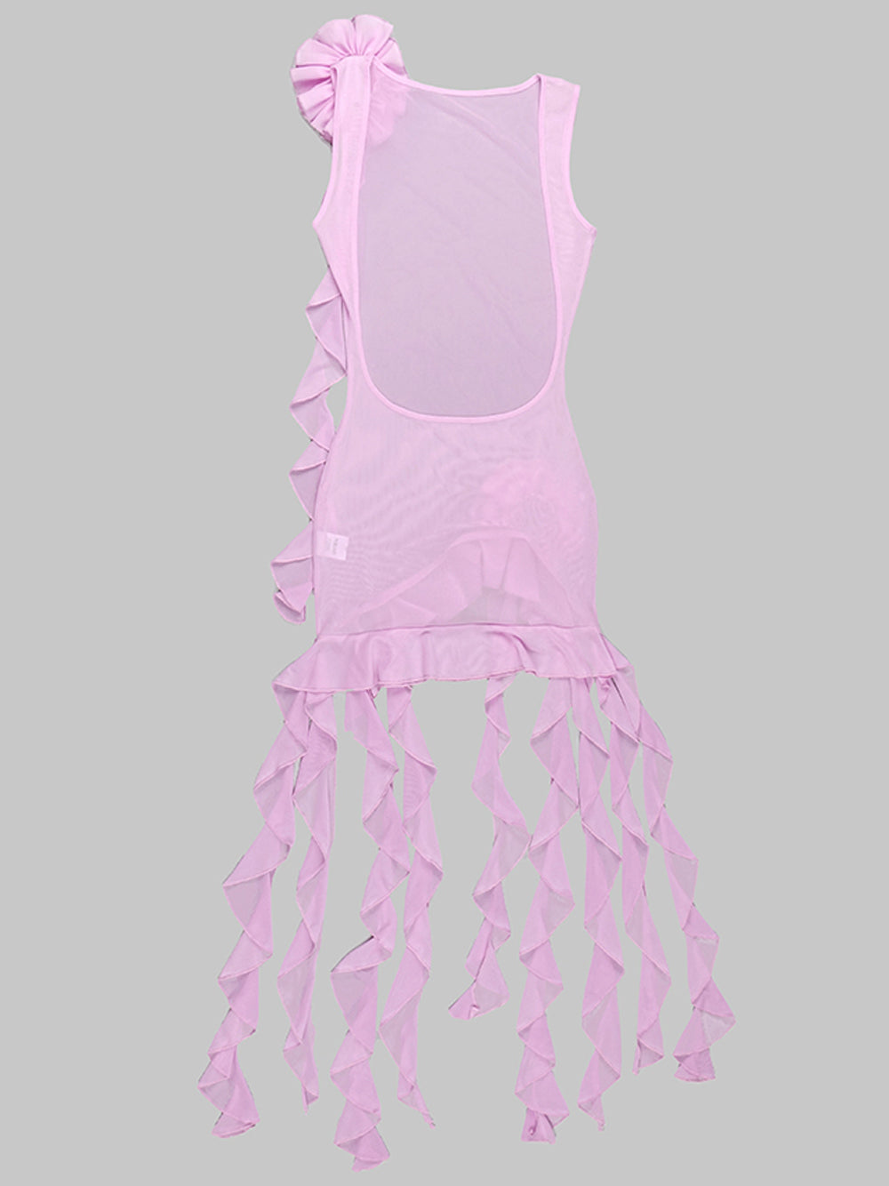 Mesh One-Shoulder Ruffle Flower Asymmetric Mini Dress 6