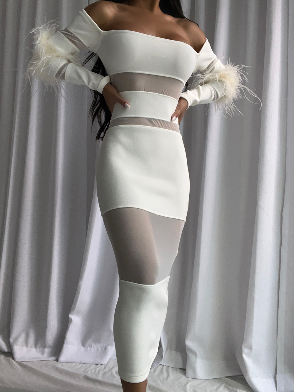 Off Shoulder Long Sleeve Feather Cuff Mesh Panel Midi Dress 3