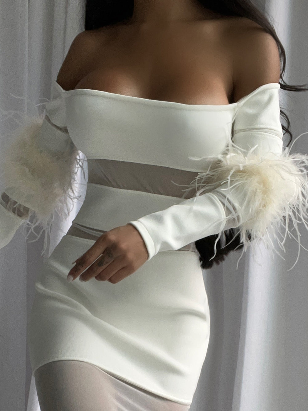 Off Shoulder Long Sleeve Feather Cuff Mesh Panel Midi Dress 6