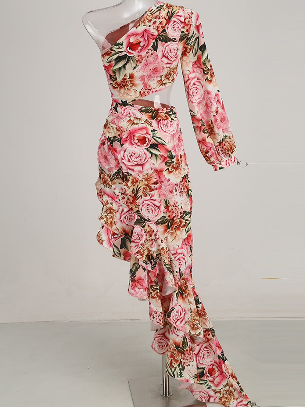 Floral Print One-Shoulder Cutout Ruffle Maxi Dress 11