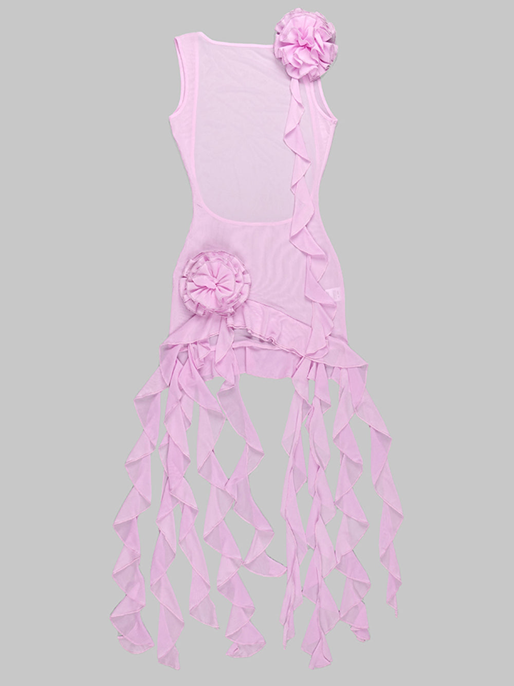 Mesh One-Shoulder Ruffle Flower Asymmetric Mini Dress 5