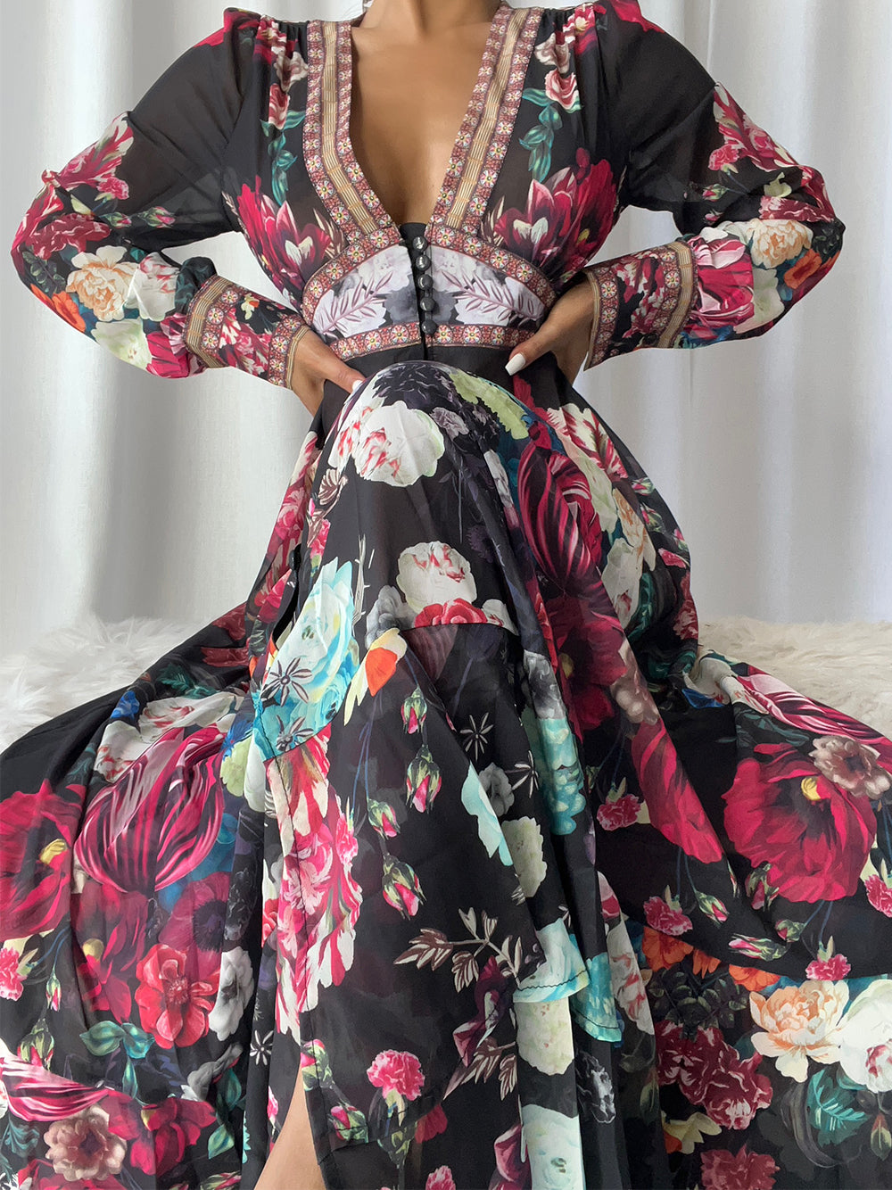 Floral Deep-V Bishop-Sleeve Button-Front Tiered Maxi Dress 2