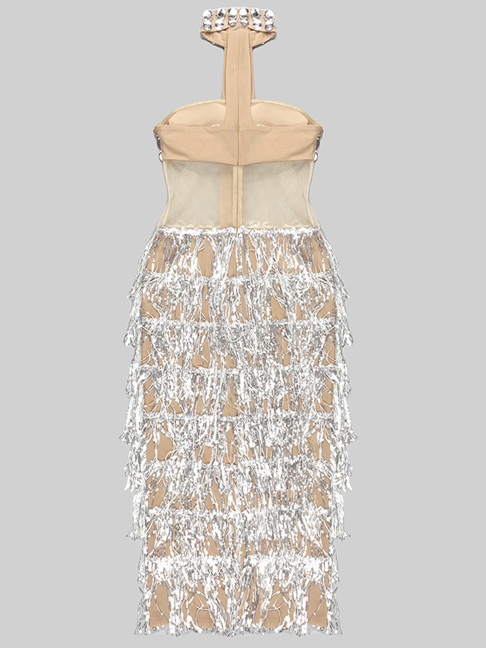 Sequin Rhinestone Halter Neck Mesh Tiered Fringe Bodycon Maxi Gown - View 5