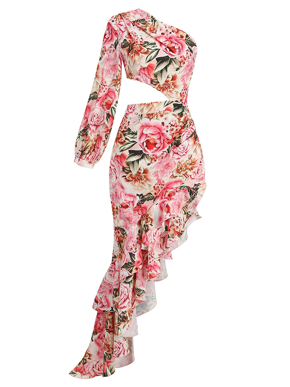 Floral Print One-Shoulder Cutout Ruffle Maxi Dress 5