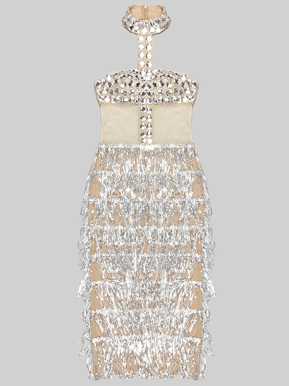 Sequin Rhinestone Halter Neck Mesh Tiered Fringe Bodycon Maxi Gown - View 4