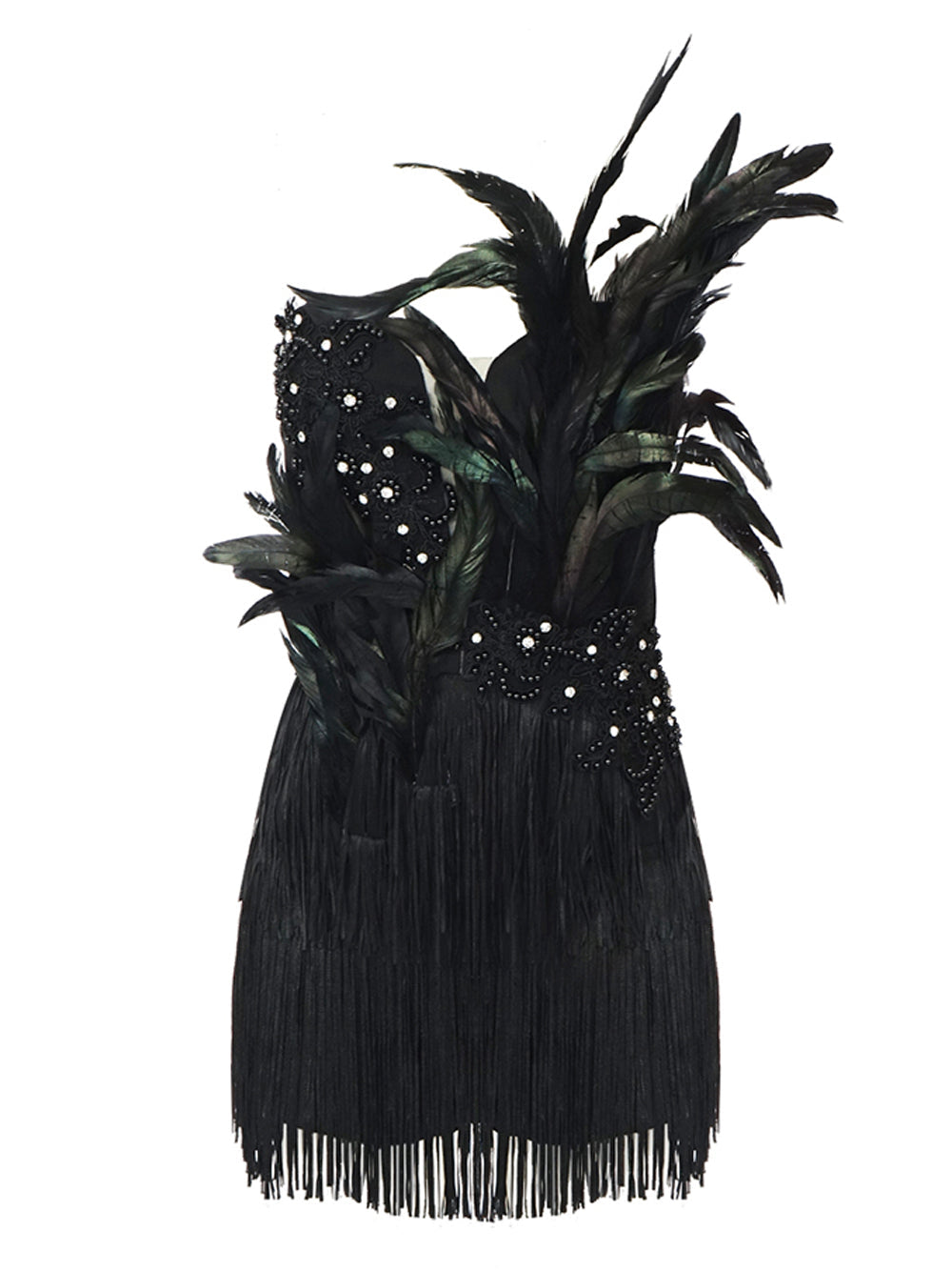 Feather Trim Beaded Strapless Fringe Mini Dress
