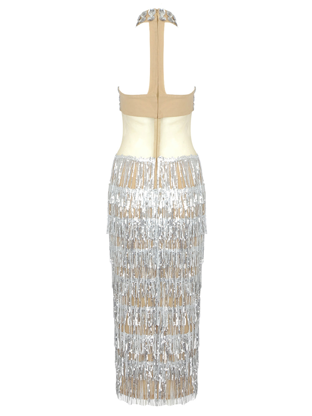 Sequin Rhinestone Halter Neck Mesh Tiered Fringe Bodycon Maxi Gown - View 2