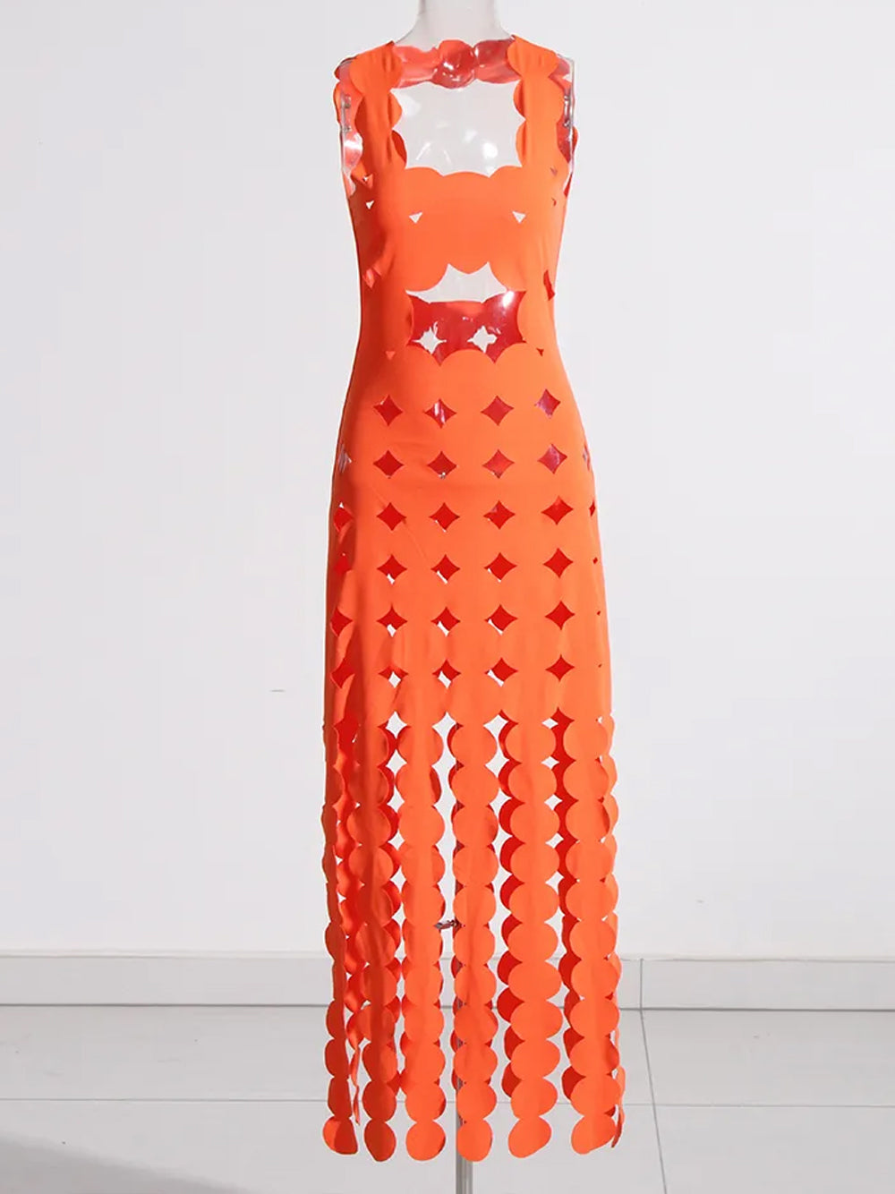 Scalloped Cutout Disc-Fringe Bodycon Maxi Dress 7