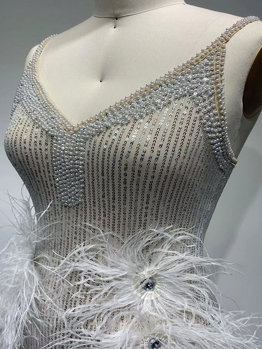 Spaghetti Strap Deep V-Neck Sequin Feather Burst Mini Dress - View 7