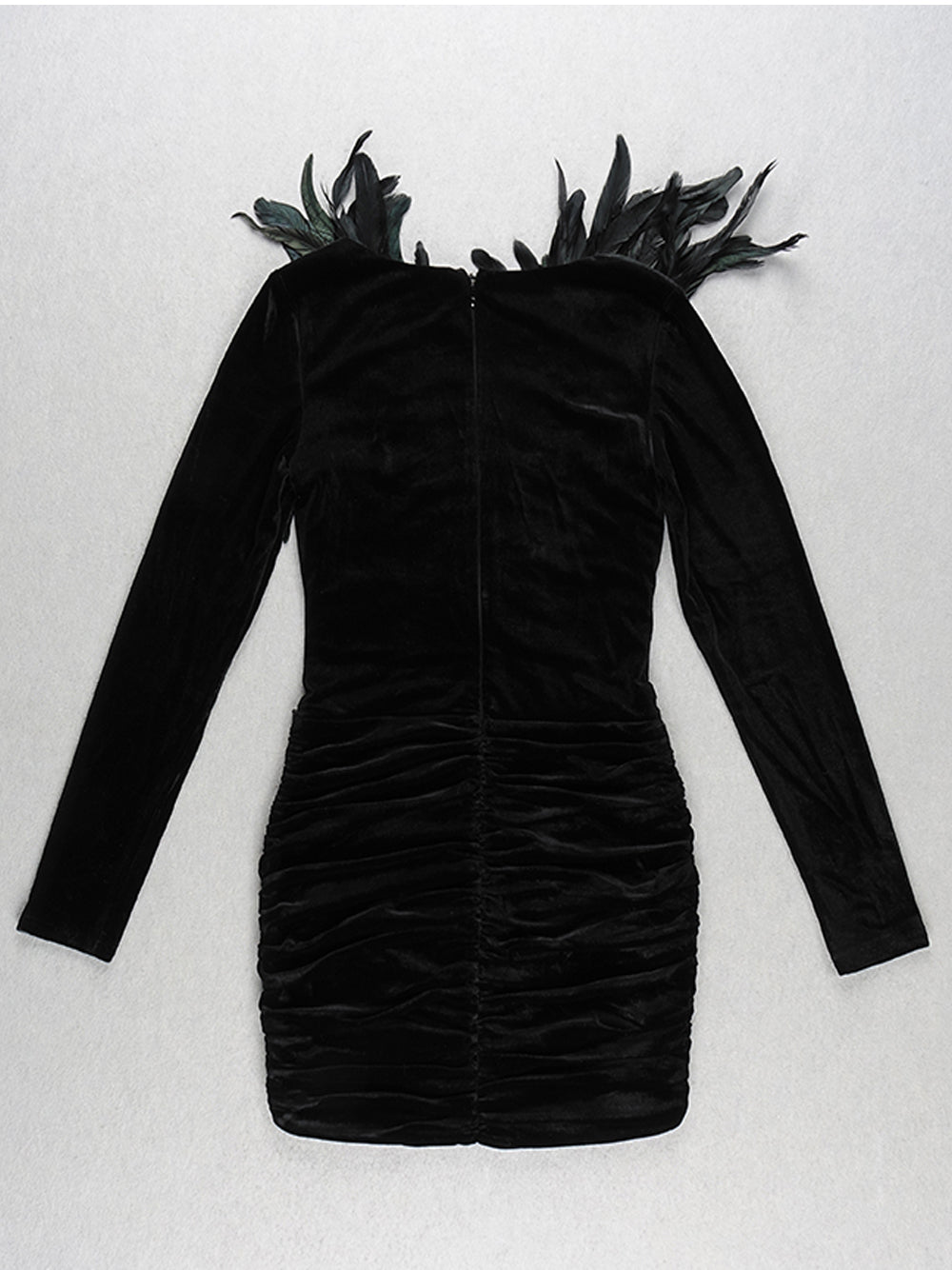 Velvet Deep V-Neck Long Sleeve Feather Bodice Ruched Mini Dress - View 6
