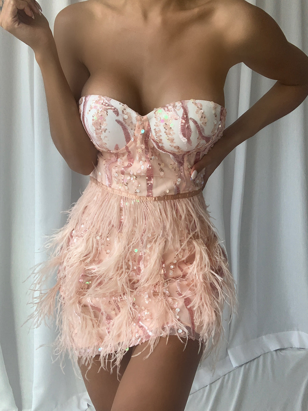 Sequin Strapless Sweetheart Bustier Feather Mini Dress - View 2