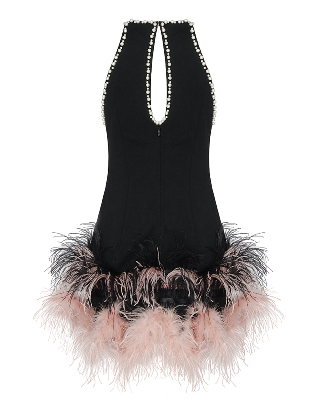 Pearl-Embellished Halter Keyhole Feather-Hem Mini Dress 5