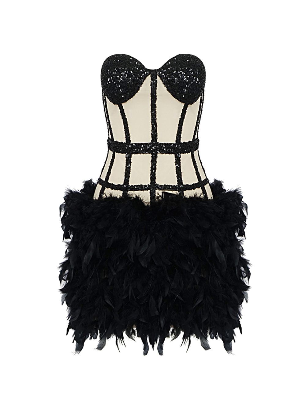 Strapless Sequin Mesh Corset Bodice Feather Skirt Mini Party Dress