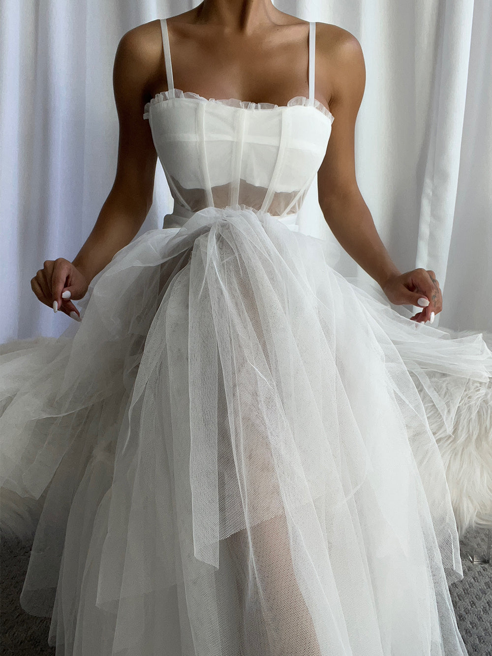Tulle Corset Bodice Spaghetti Strap Tiered Ruffle Maxi Gown - View 4