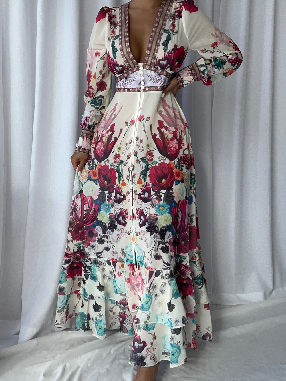Floral Deep-V Bishop-Sleeve Button-Front Tiered Maxi Dress
