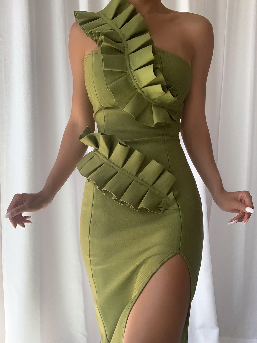 Ruffle-Trim Strapless Front-Slit Bodycon Midi Dress 2