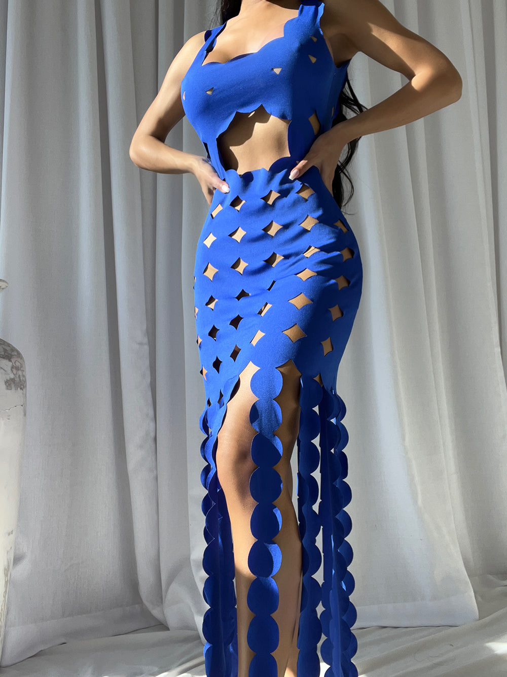 Laser-Cut Disc Cutout Halter Fringe Maxi Dress