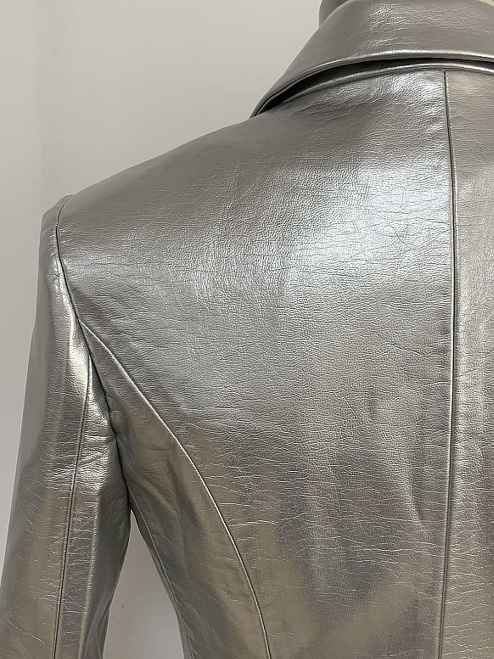 Silver Double-breasted Leather Blazer 10