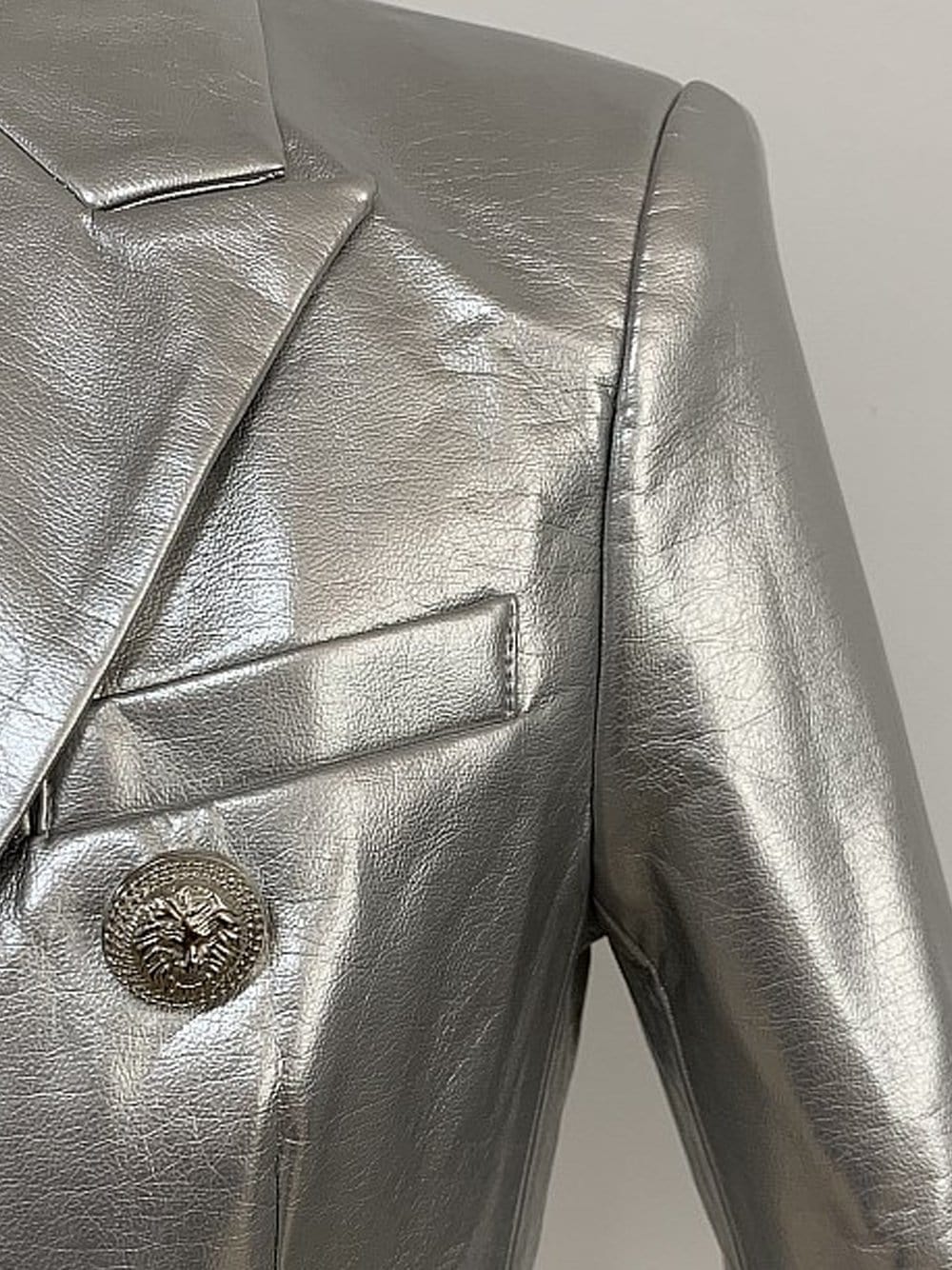 Silver Double-breasted Leather Blazer 7