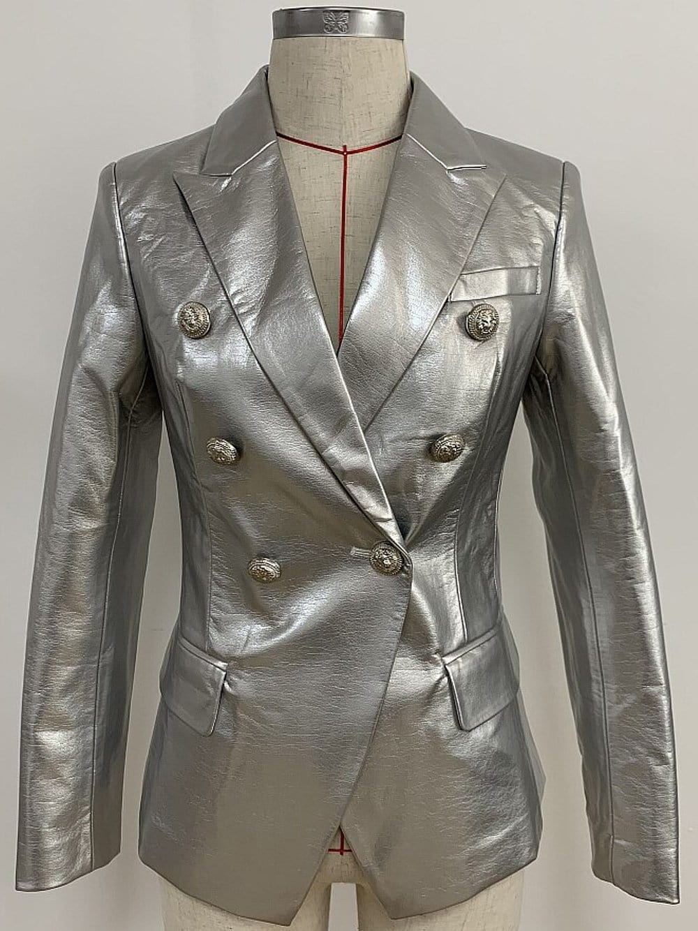 Silver Double-breasted Leather Blazer 5