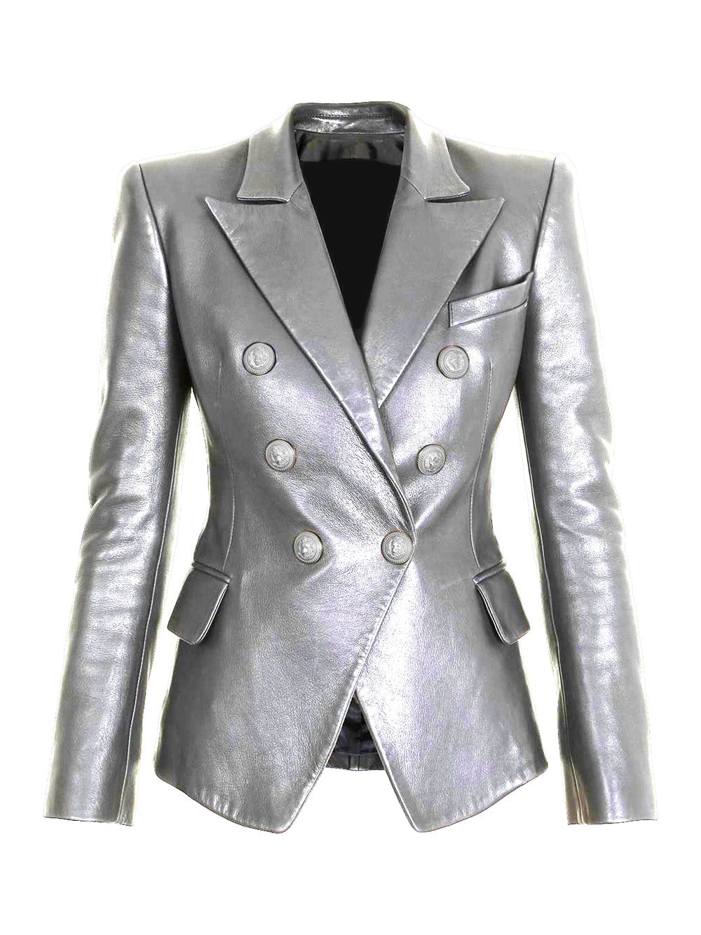 Silver Double-breasted Leather Blazer 4