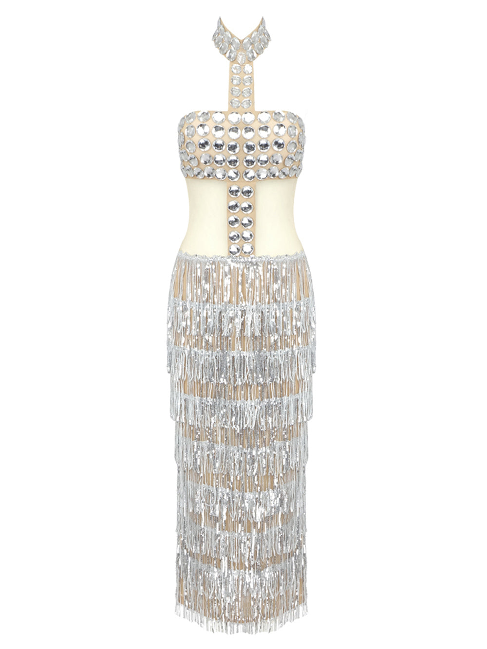Sequin Rhinestone Halter Neck Mesh Tiered Fringe Bodycon Maxi Gown