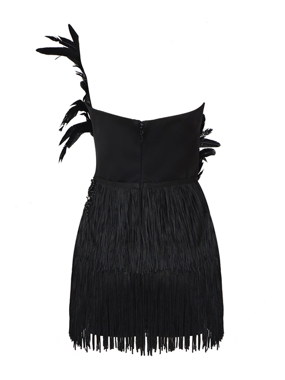 Feather Trim Beaded Strapless Fringe Mini Dress 2