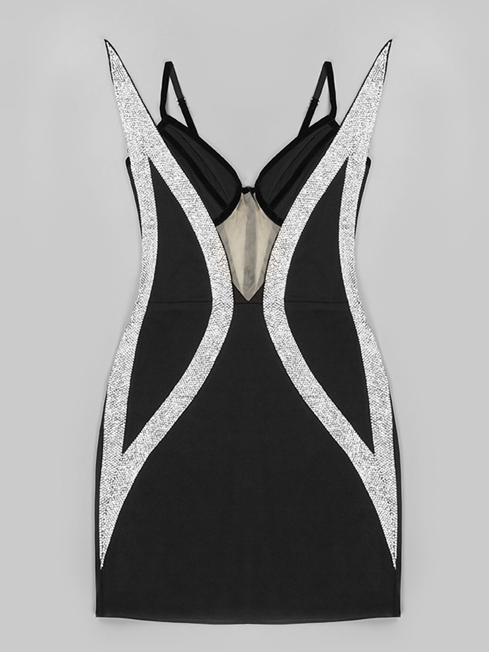 Rhinestone Trim V-Neck Mesh Insert Bodycon Mini Dress 3