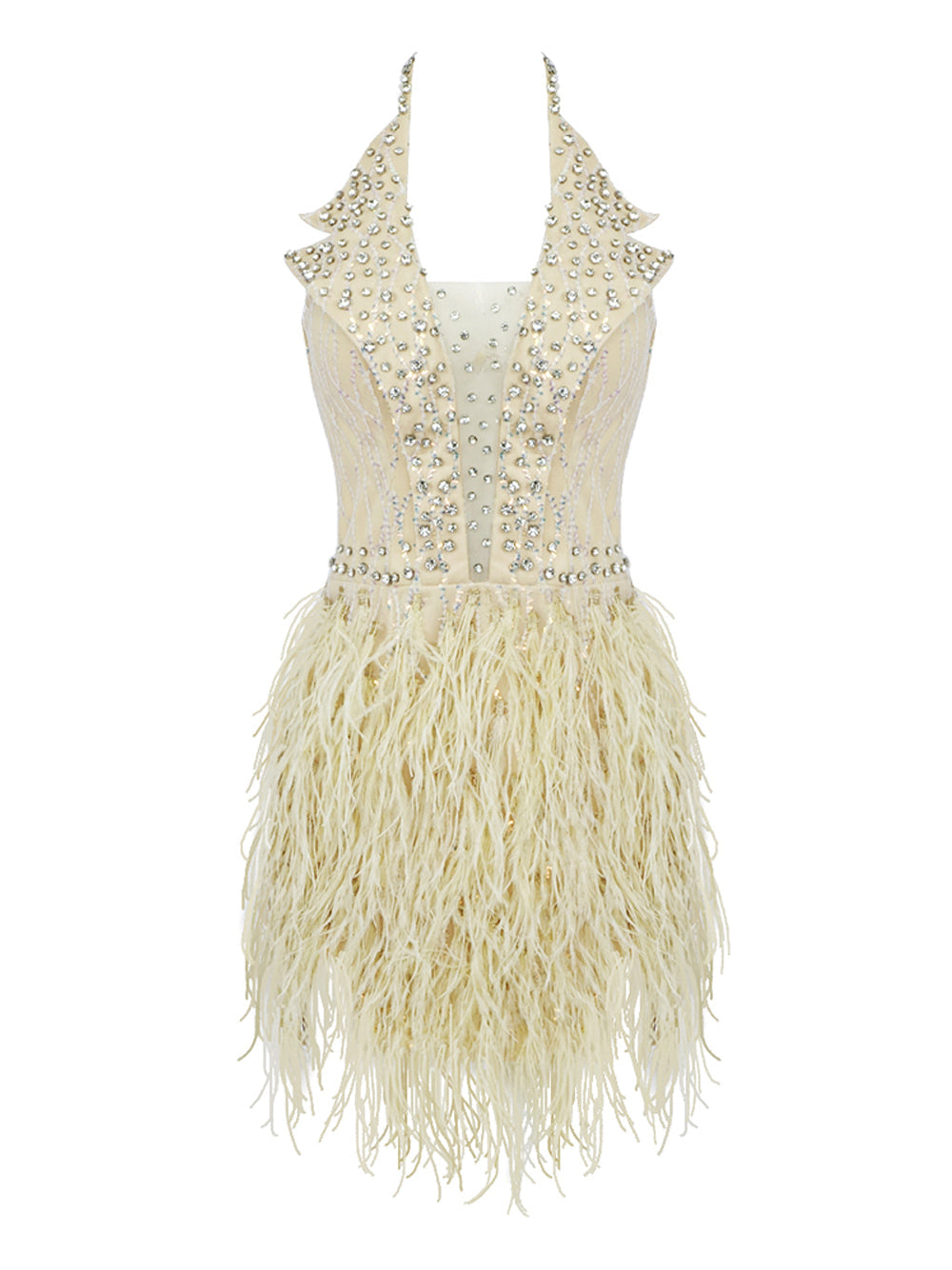 Rhinestone Halterneck Sheer Corset Feather Mini Dress
