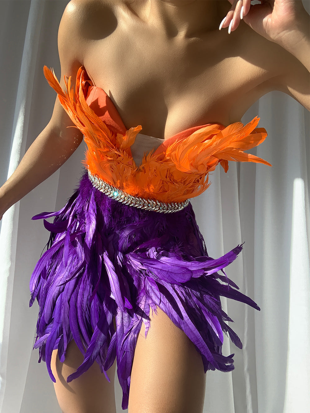 Strapless Feather-Trim Rhinestone-Belt Mini Dress