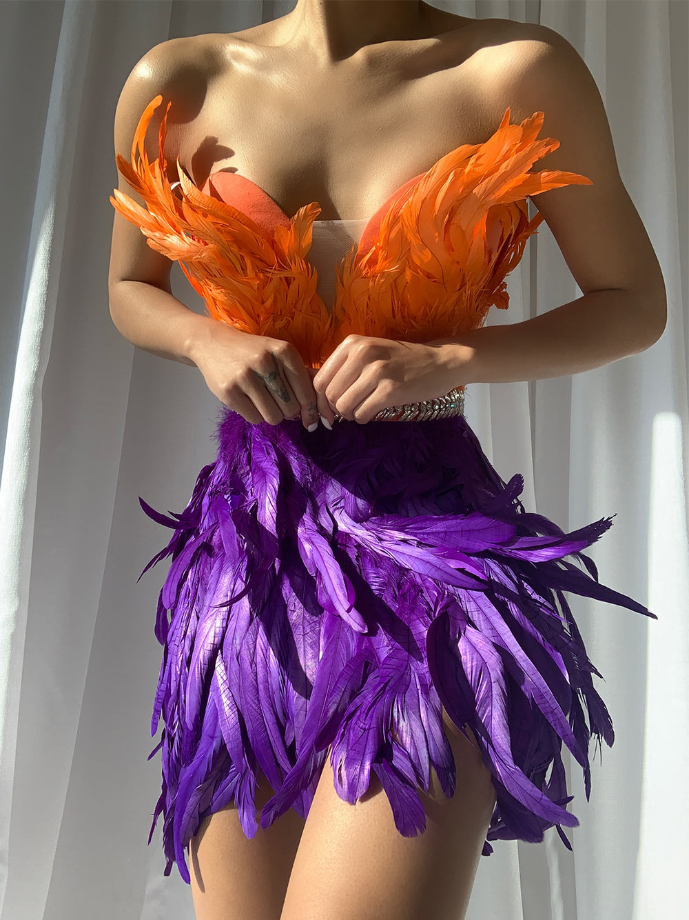Strapless Feather-Trim Rhinestone-Belt Mini Dress 3