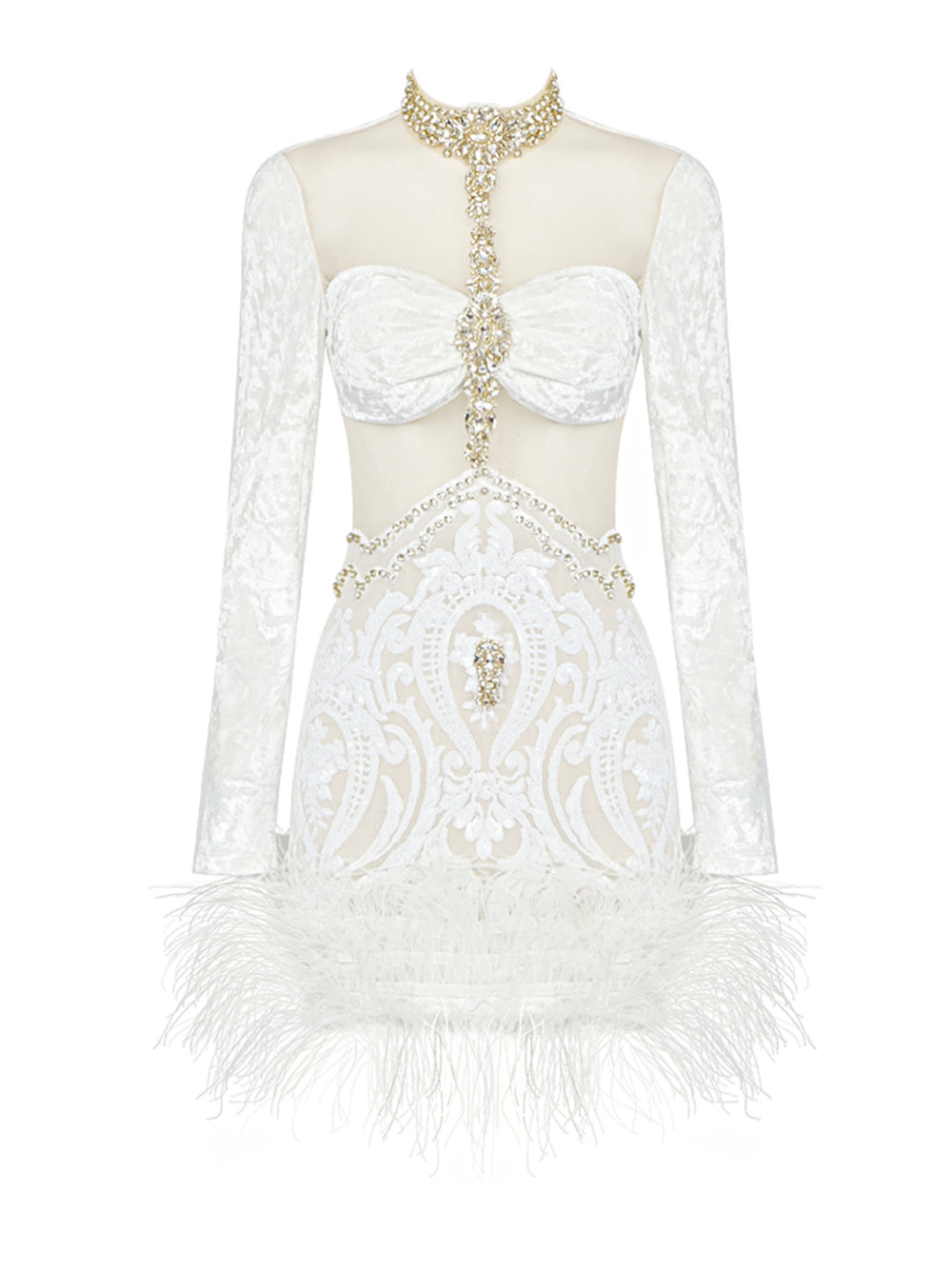 Crystal Embellished Feather-Hem Long-Sleeve Mini Dress