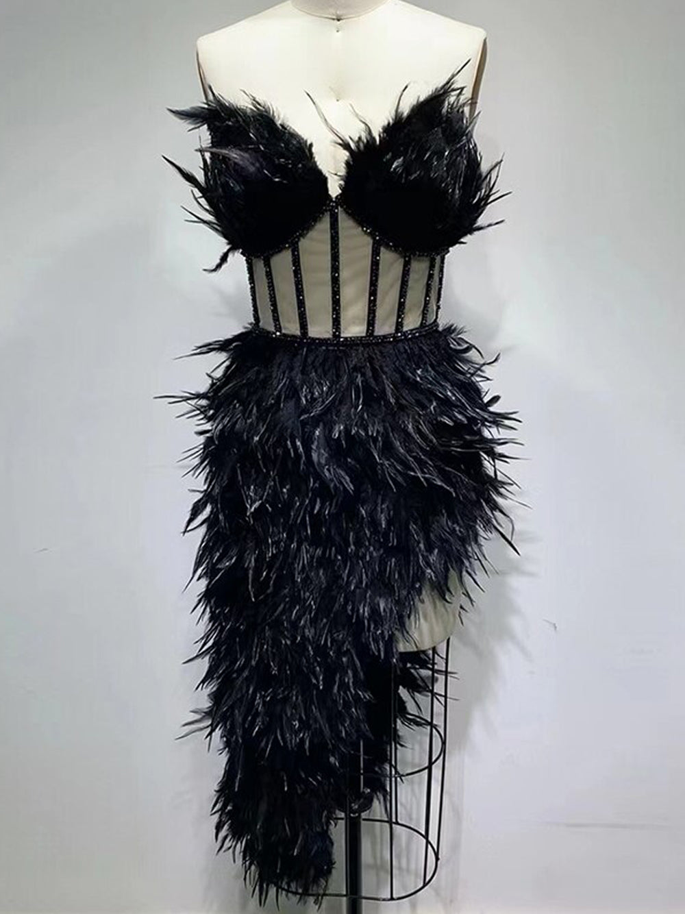 Strapless Feather Sweetheart Corset Bodice Beaded Trim Mini Dress - View 9