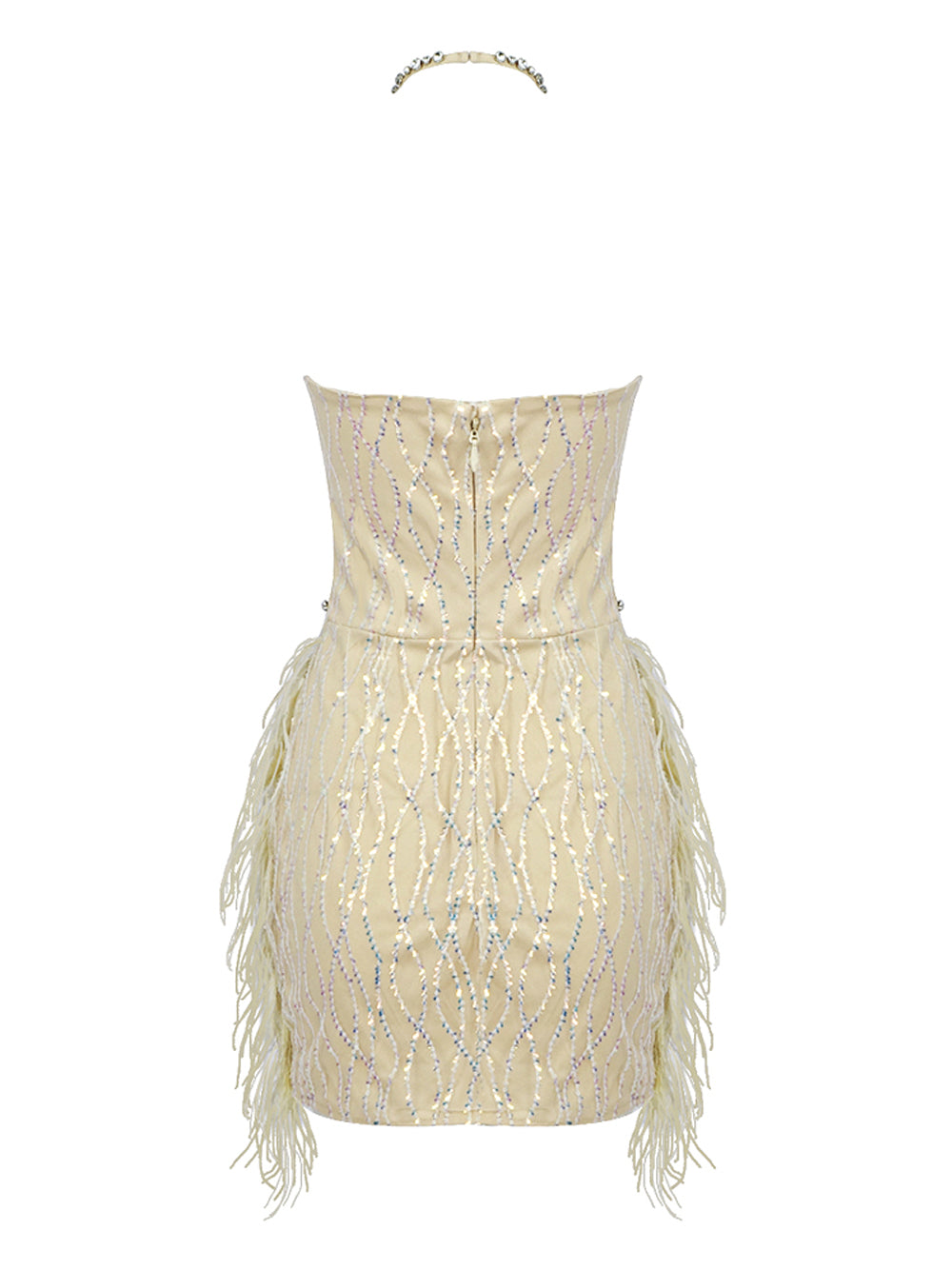 Rhinestone Halterneck Sheer Corset Feather Mini Dress 2