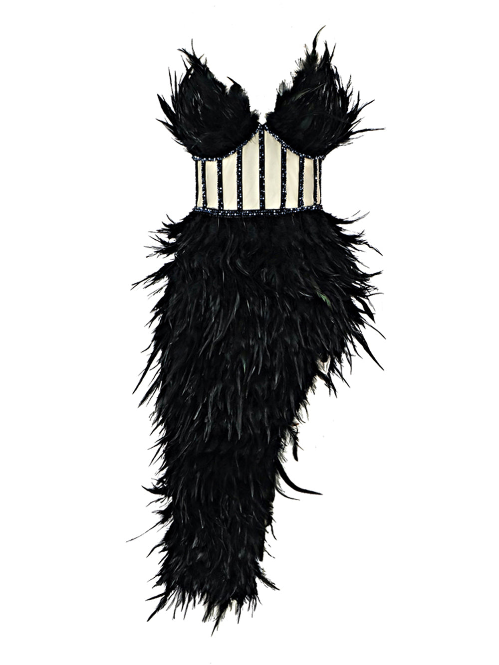 Strapless Feather Sweetheart Corset Bodice Beaded Trim Mini Dress