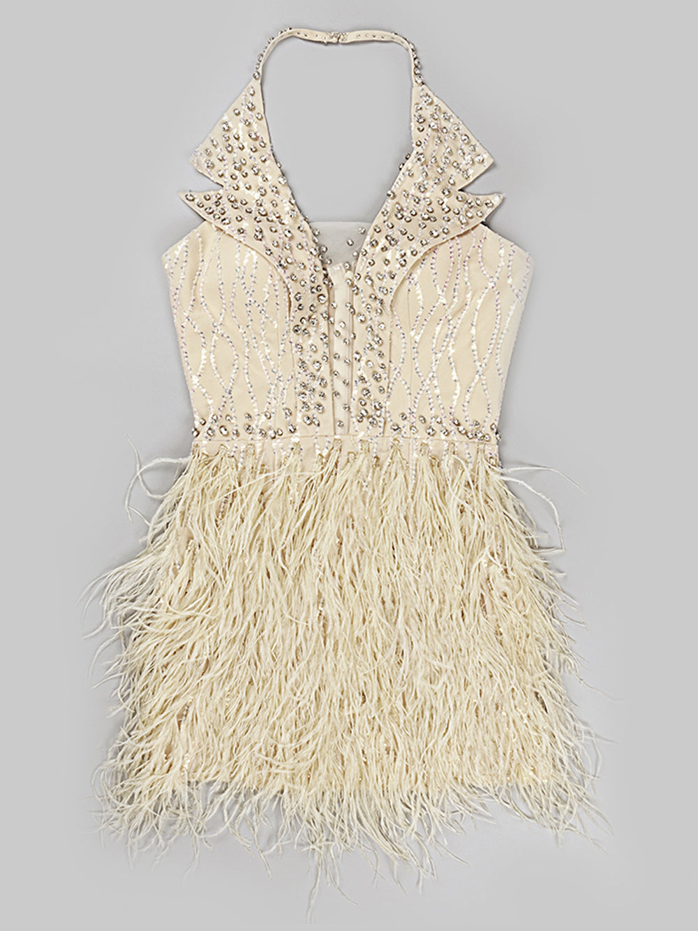 Rhinestone Halterneck Sheer Corset Feather Mini Dress 6