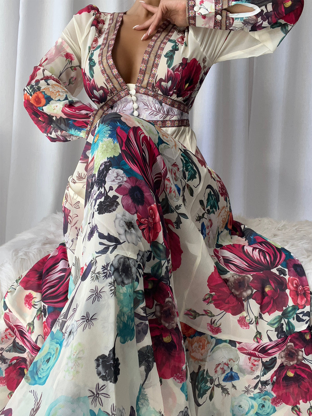 Floral Deep-V Bishop-Sleeve Button-Front Tiered Maxi Dress 5