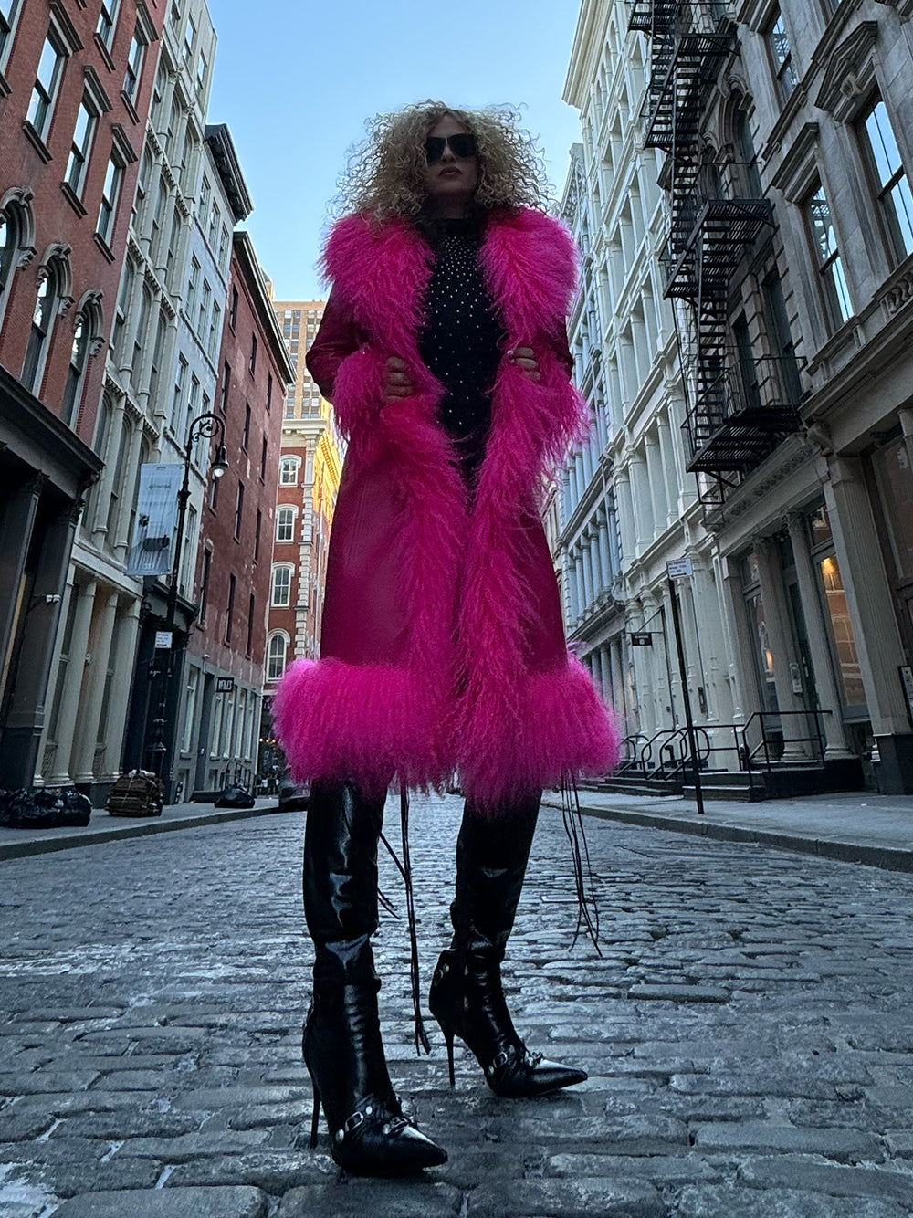 TAJE Shearling Trim Leather Coat in Fuchsia 17