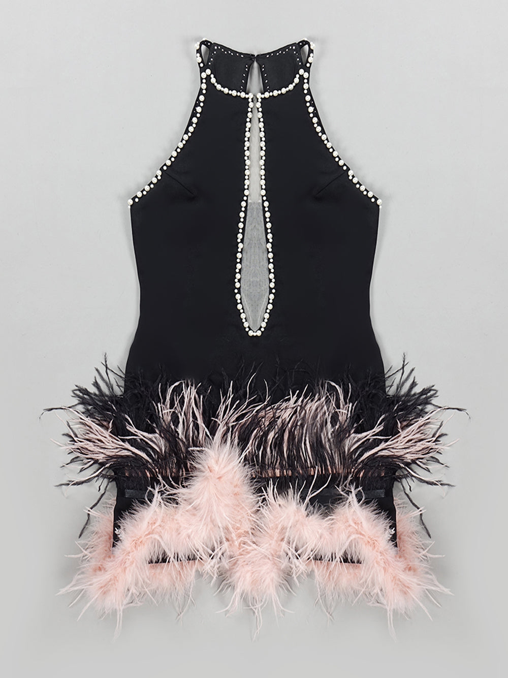 Pearl-Embellished Halter Keyhole Feather-Hem Mini Dress 8