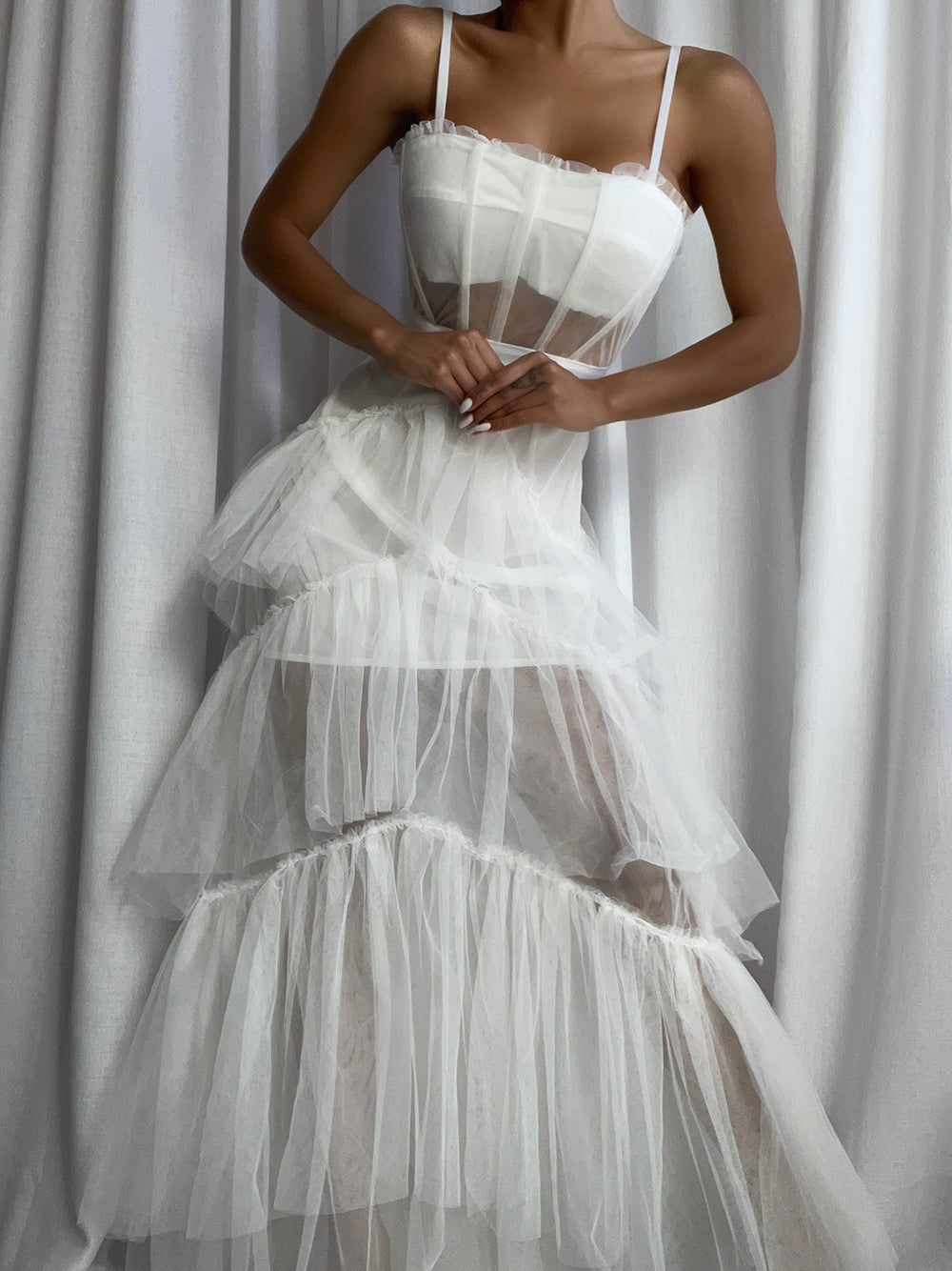 Tulle Corset Bodice Spaghetti Strap Tiered Ruffle Maxi Gown - View 3