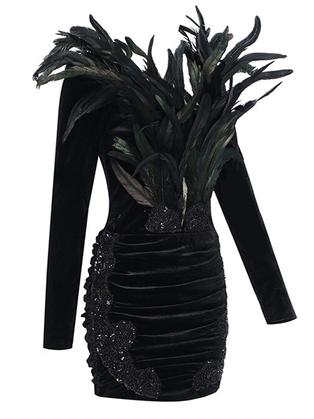 Velvet Off-Shoulder Long Sleeve Feather Trim Mini Dress 3